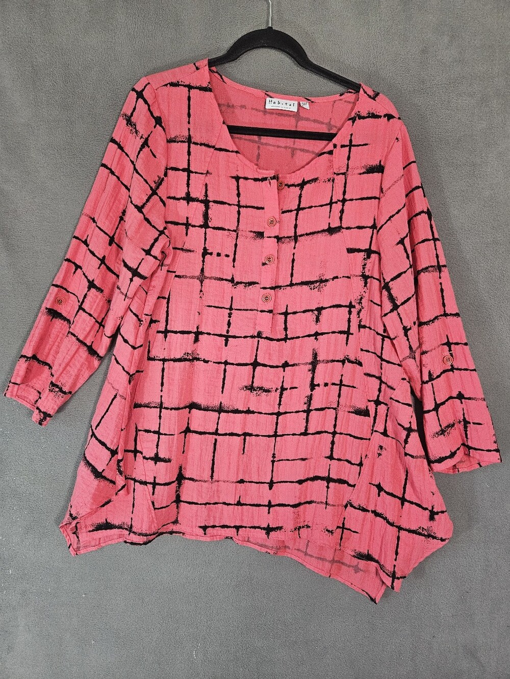 Habitat Artsy Tunic Sz L Pink Black Abstract Buttons Lagenlook Asymmetrical Boho